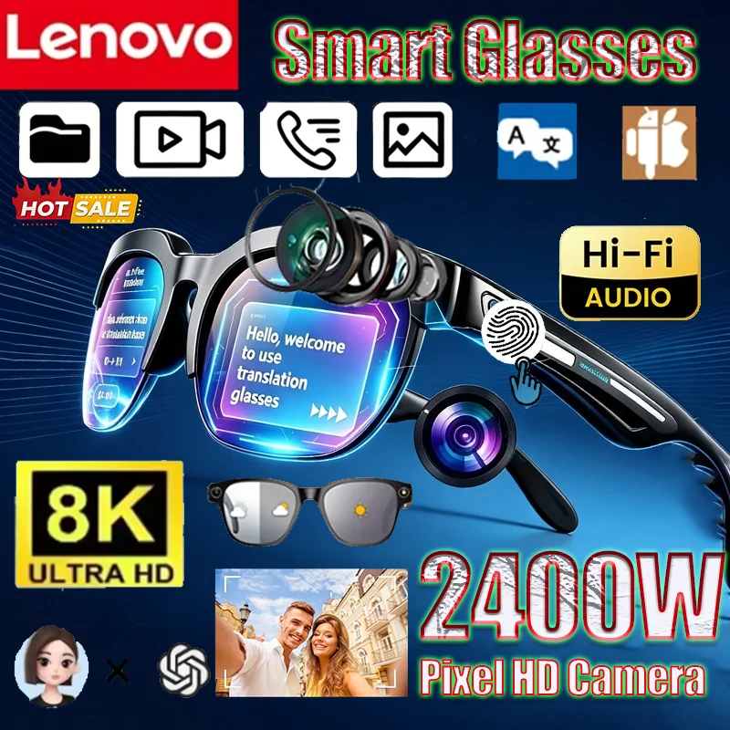 Фото Умные очки Lenovo 8K AI для мужчин и женщин, 2400 МП, громкая связь, перевод, AI-чат, запись, воспроизведение музыки, умные солнцезащитные очки №1