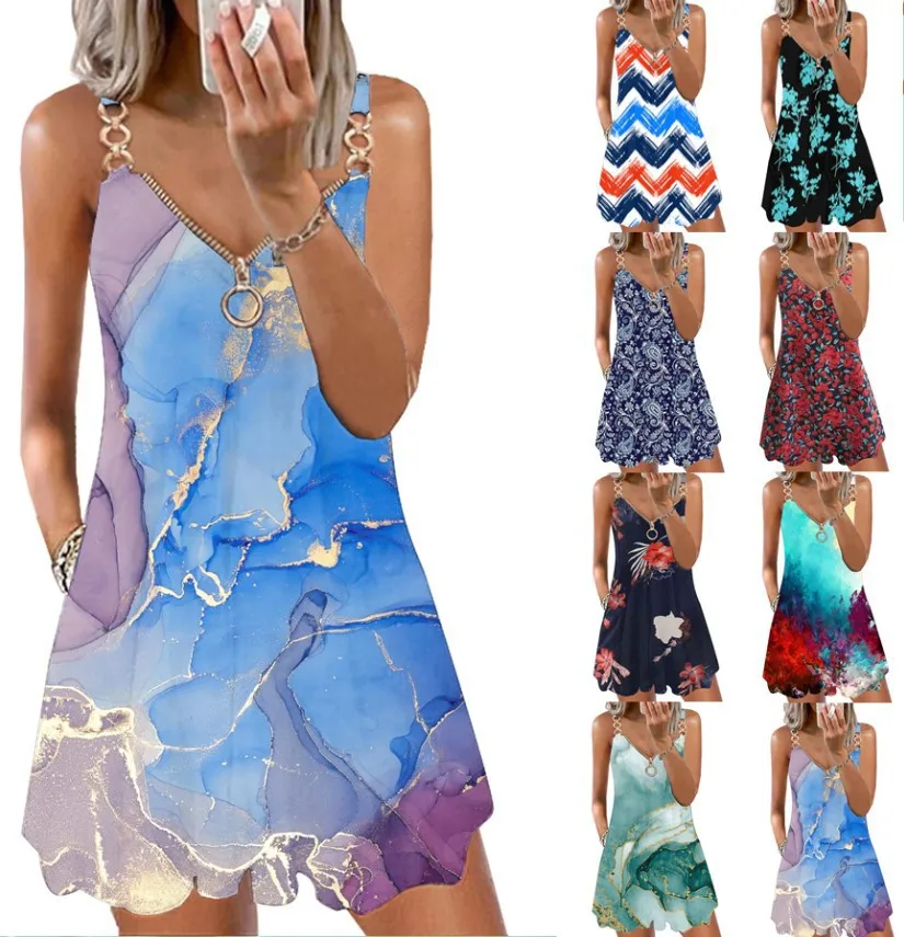 

Dress for Women Europe and The United States Fashion Print Zipper Large Size Loose Sleeveless Halter Dress