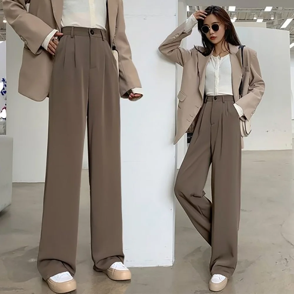 

Women Career Office Lady Straight Belt Casual Ankle Length Trousers White Black Suit Pants Loose High-Waisted Wide-Legged Slim