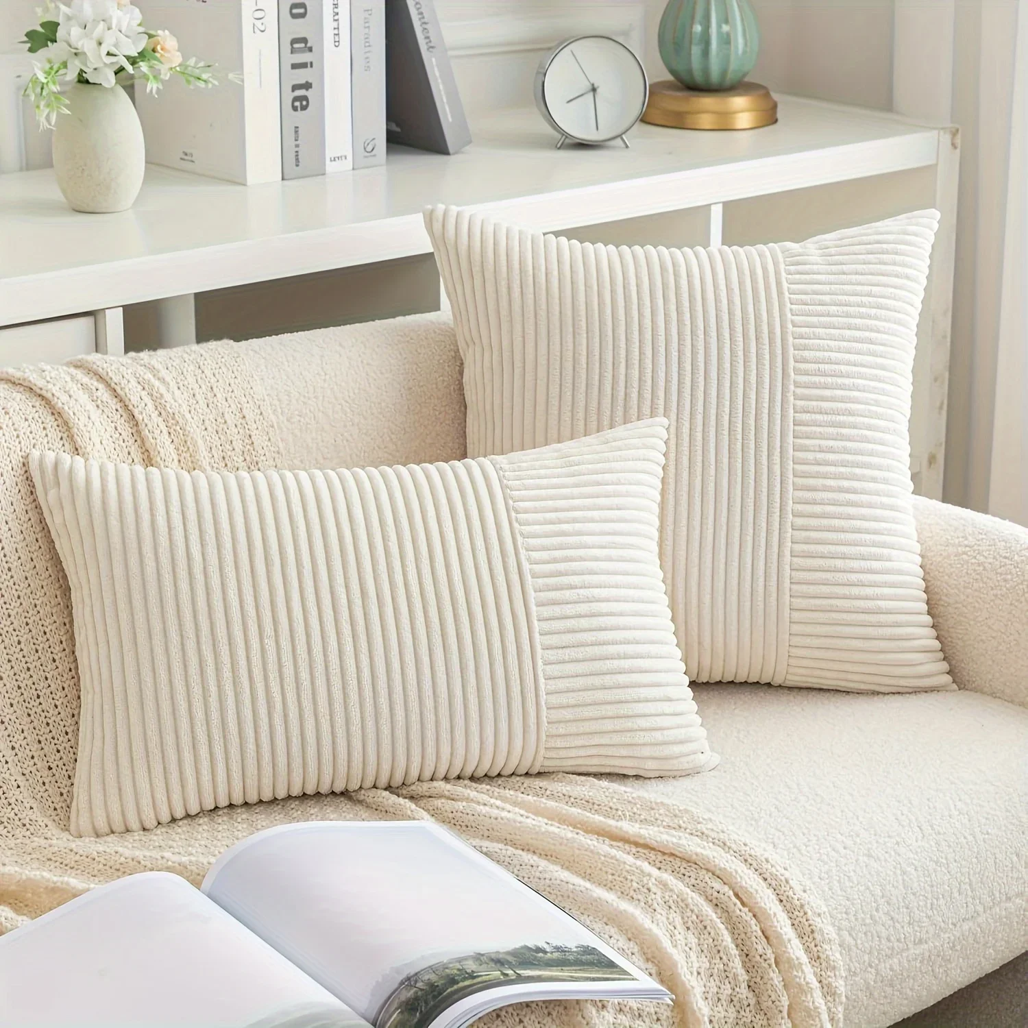 Simple Style Polyester Cushion Cover stripe Pillow White Beige Pink Solid Color Pillowcase for Sofa Living Room Home Decor