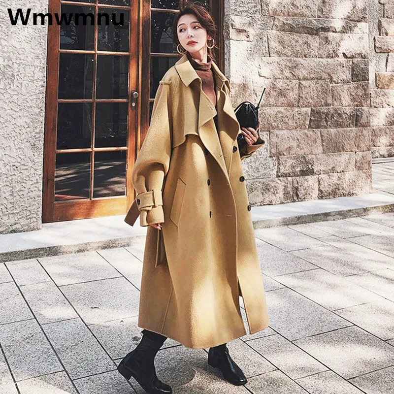 

Winter Khaki Wool Blends Trench Coats Women's Loose New Korean Fashion Sobretudo Woolend Plush Long Casual Pocket Belt Overcoats