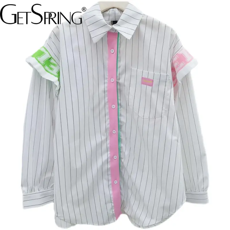 

GetSpring женская рубашка в полоску пэчворк с длинным рукавом однобортная женская блузка свободные Модные женские топы для отдыха 2022 Новинка
