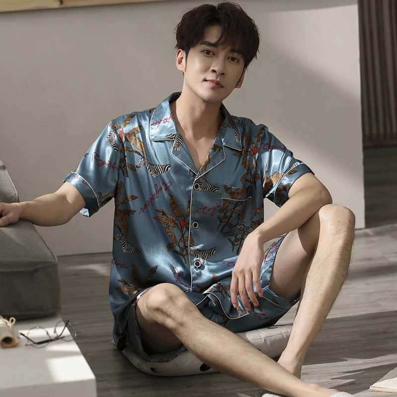 Летняя Пижама для мужчин одежда сна атласная шелковая мужская ночная рубашка с