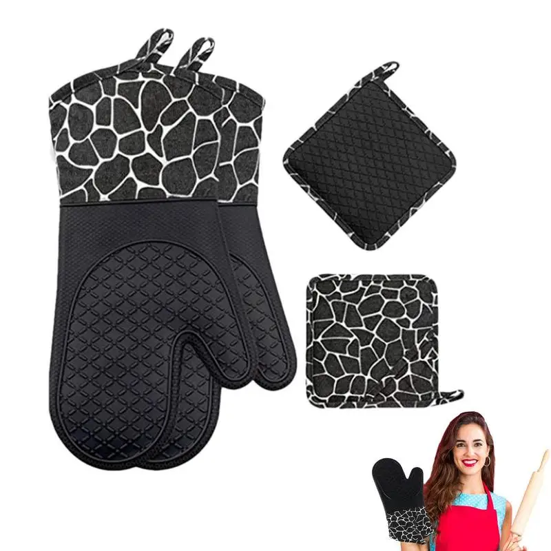 

Silicone Oven Mitts Set 4Pcs Extra Long Silicone Oven Gloves With Non-Slip Heat Resistant Hot Trivet Mats Potholders For Kitchen