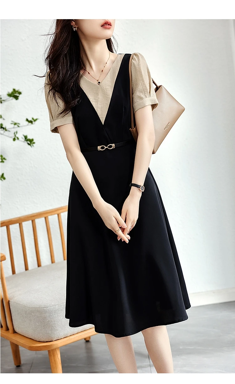 

2023 spring and summer women's clothing fashion new Contrast Colors False-Two-Piece Dress 0526