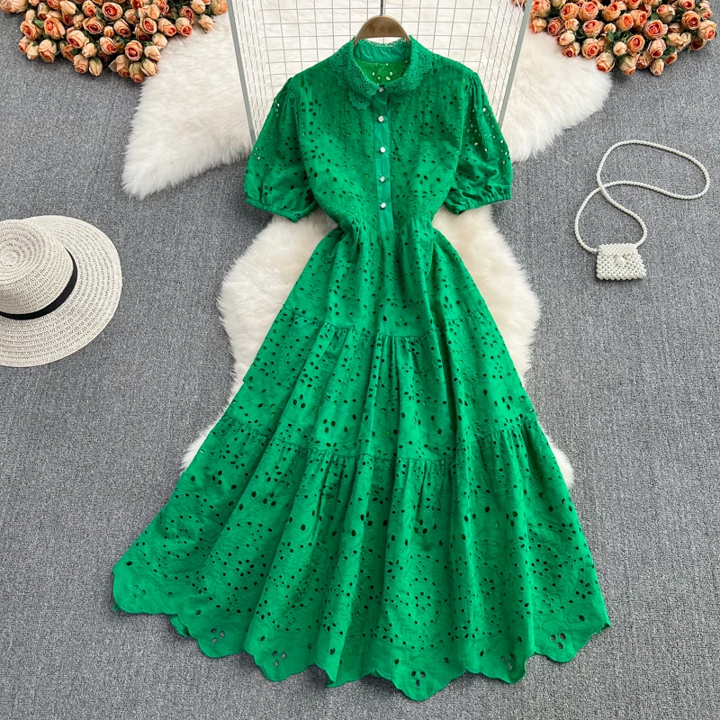 

Green Slim Puffy Sleeve Dress Elegant Lace Dress