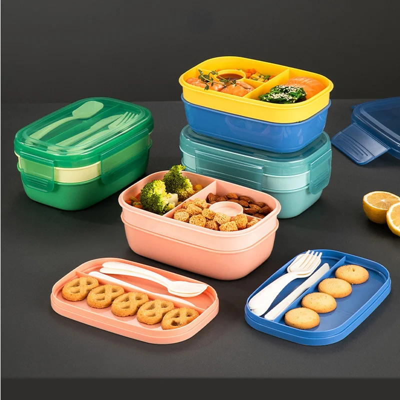 

Double Layer Kids Lunch Box Plastic Picnic Salad Fruit Bento Box Microwave Food Box with Compartments Storage Food Containers