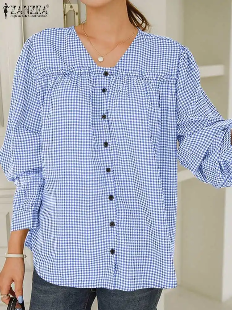 

2022 Spring Vintage Blouse Women's Elegant Plaid Check Tops ZANZEA Casual V Neck Blusas Fashion Elegant Ruffle Shirts Oversized