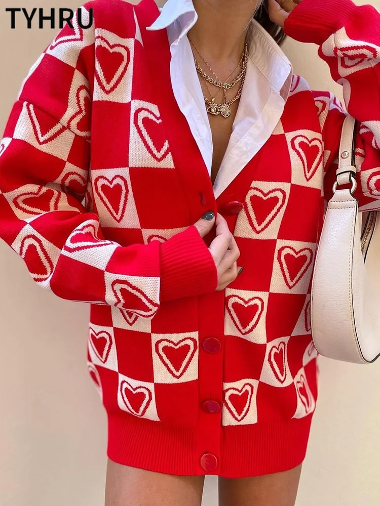 

TYHRU Women’s Knitted Red Cardigans Female V-neck Color Matching Square Heart Pattern Sweaters Loose Casual Knitwear