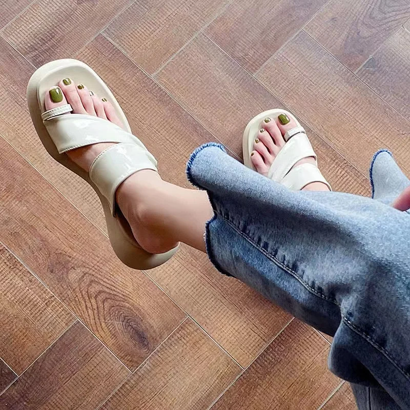 

Square Toe PU Leather Platform Slippers Women Summer Sandals Roman Beach Flip Flops Elegant Retro Designer Shoes Trend 2022