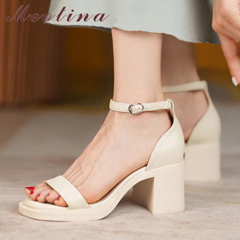 

Meotina Women Sandals Genuine Leather Shoes Ankle Strap Round Toe Thick Heels Sandals Buckle Strap Lady Footwear Summer Beige 41