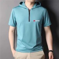 new mens hooded short sleeved polo shirt solid color summer young and middle aged slim hooded half sleeve t shirt