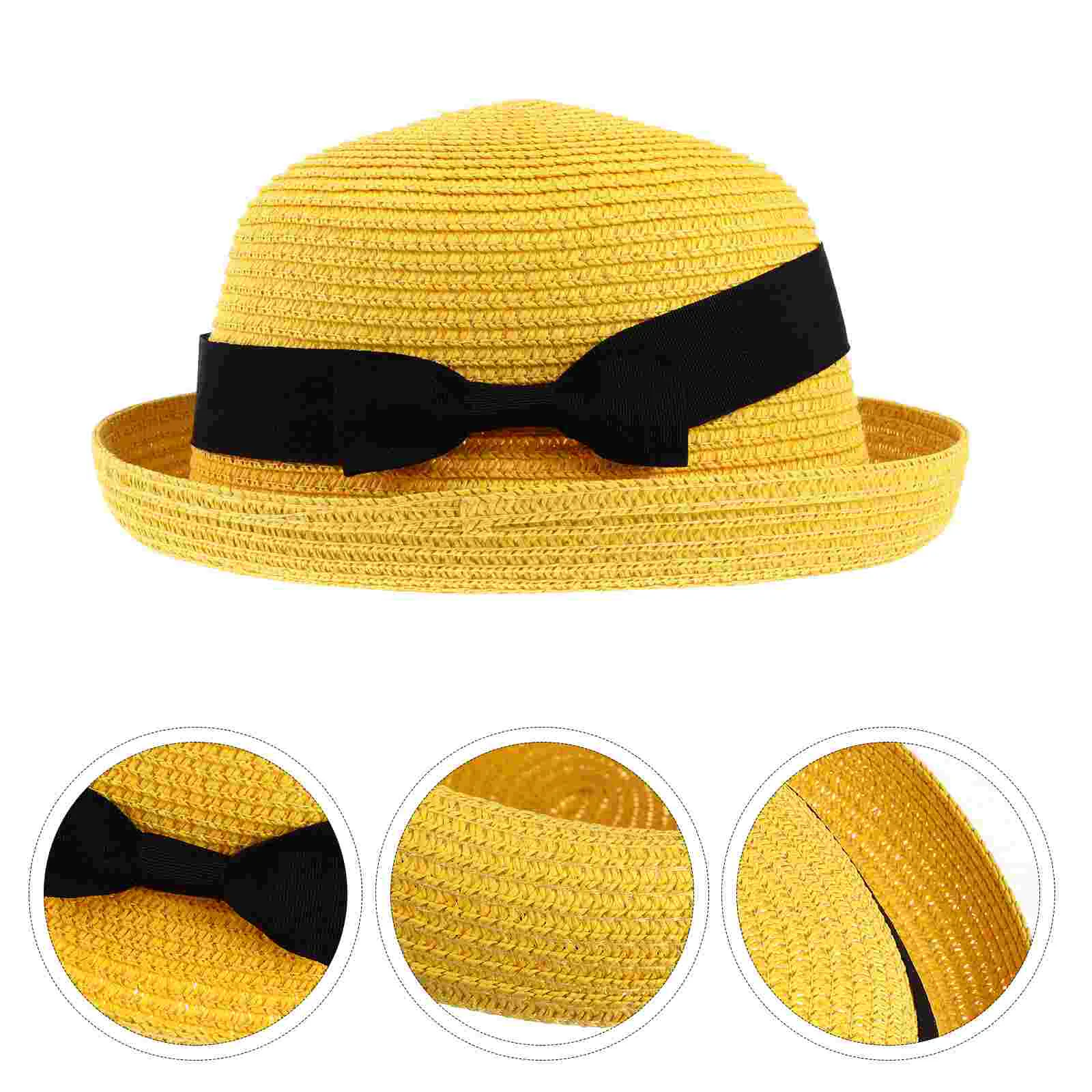 

Fashion Women's Girls Bowknot Roll-up Wide Brim Dome Straw Summer Sun Hat Bowler Beach (Yellow) Fur cap