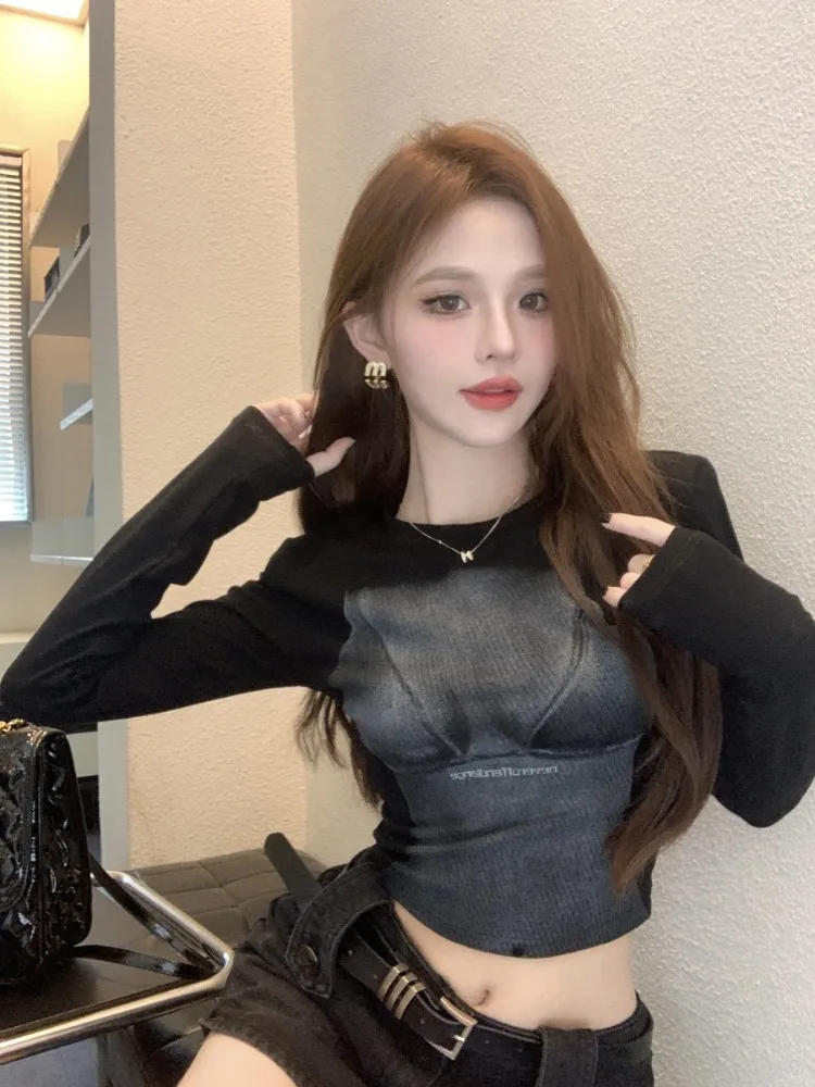 

Американская Винтажная футболка с круглым вырезом и принтом, Женская Осенняя Новинка 2023, облегающая короткая футболка Y2k, Черный Топ с длинным рукавом для женщин