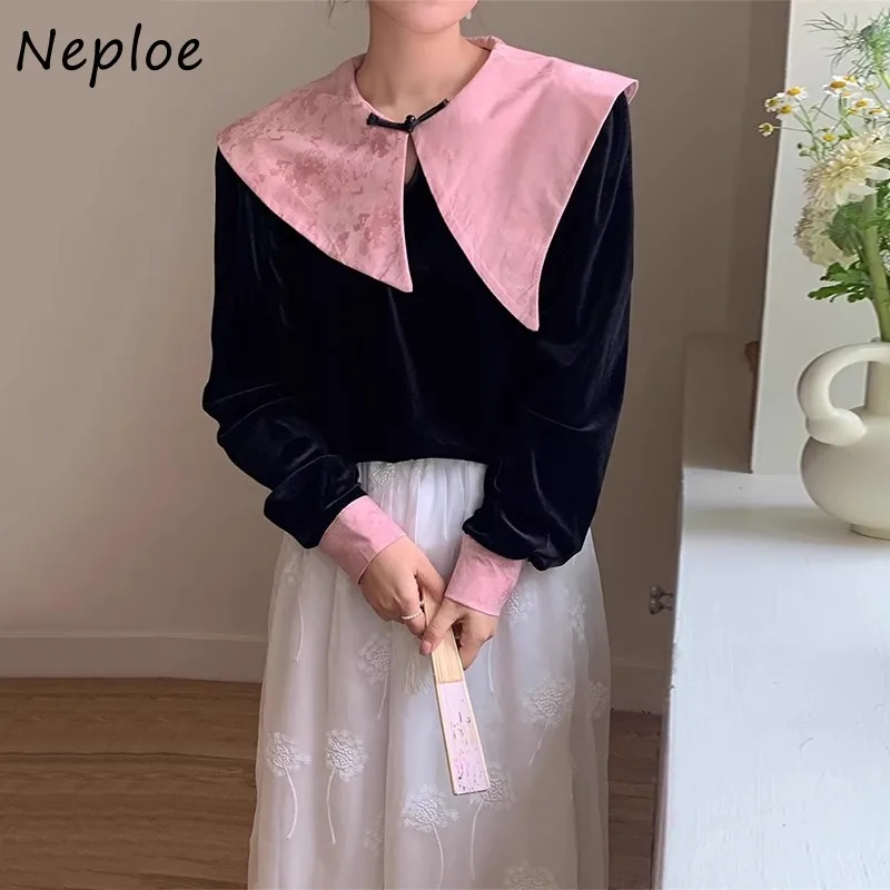 Новинка Вельветовая рубашка Neploe в китайском стиле с воротником Питер Пэн для