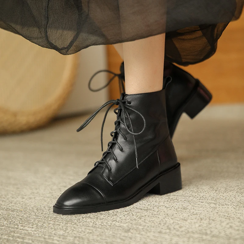 

MythLuo Pumps Ankle Boots For Women Chunky High Heels Short Boots Cow Leather Round Toe Office Ladies Casual Shoes Retro