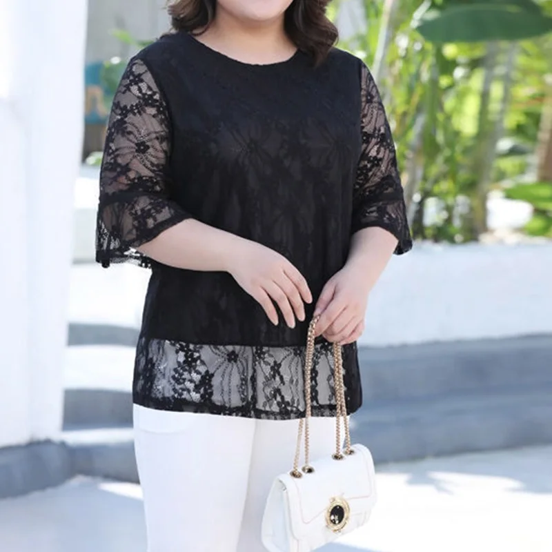 Spring Summer Simplicity Plus Size Hollow Out Women's Top Lace Patchwork Pleated Solid Color Nine Points Sleeve Loose T-Shirt