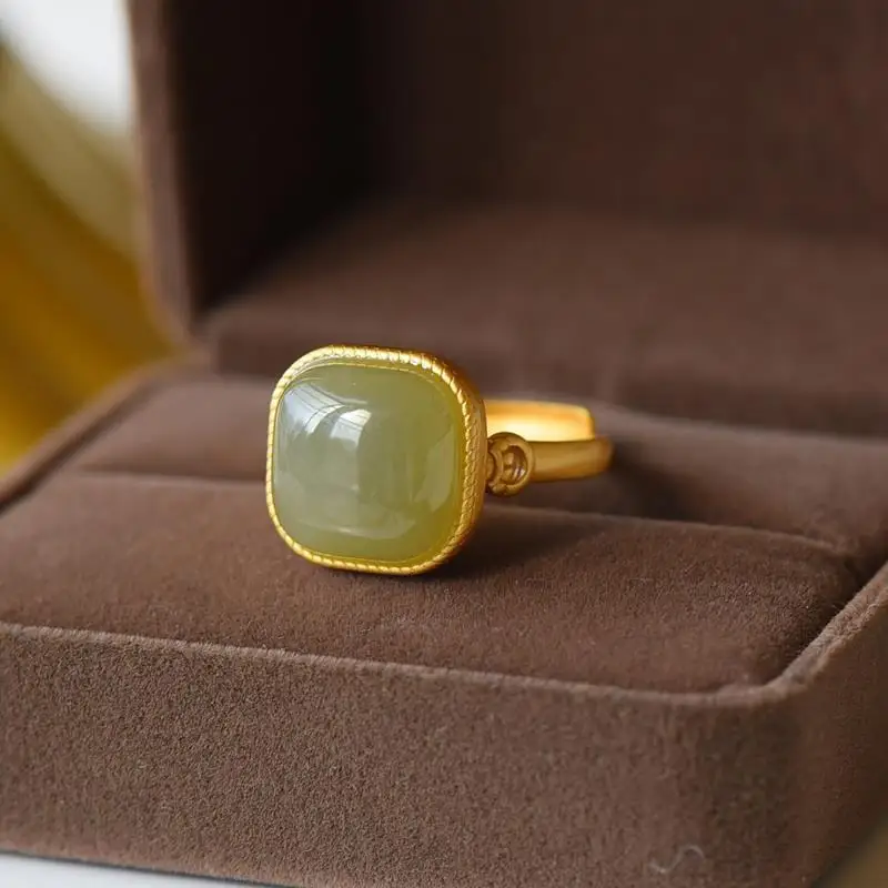 

Natural Hetian Gray Jade Ring 925 Sterling Silver Inlaid Fashionable Simple Ancient Gold Craft Lasting Color Retention Gift