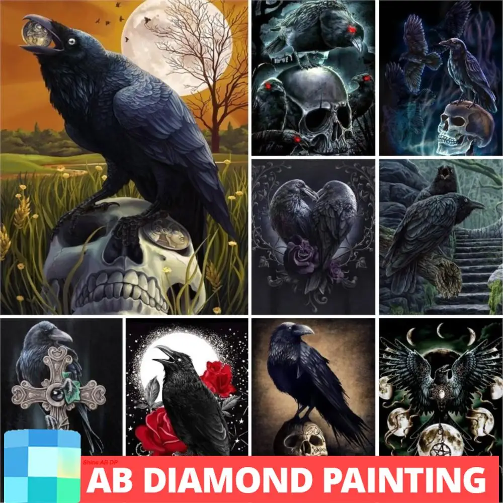 

Skull with Crows AB Northern Lights Diamond Painting Raven Dark Art 5D Full Mosaic Home Decoration Art DIY Cross Stitch Kit Gift