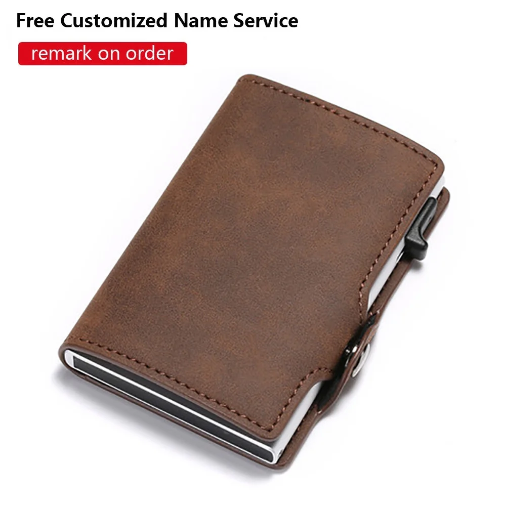 

BISI GORO Custom Name Card Holder Leather Purses Men 2023 Blocking Aluminum Box Smart Multifunction Slim Wallet Case Card Holder