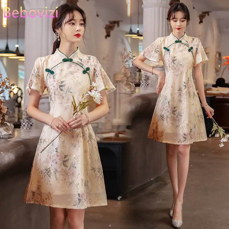 New Style Summer Improved Chiffon Cheongsam Women' Elegant Chinese Traditional Short Sleeve Qipao Dress Modern