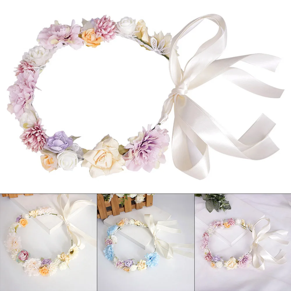 

Simulation Wreath Rose Flower Hairband Headband Adjustable Ribbon Decor Wreath Wedding Parties Flower Hairband Wreath