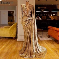 sparkly sequined gold evening dresses deep v neck pleats long sleeves mermaid prom dress 2022 dubai african party gowns bling