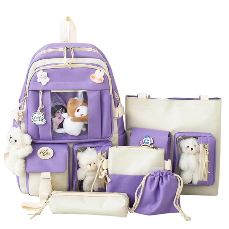 

5pcs Cute School Backpack with Shoulder Bag Pencil Case Drawstring Bags for Student Boys Girls Casual Rucksack