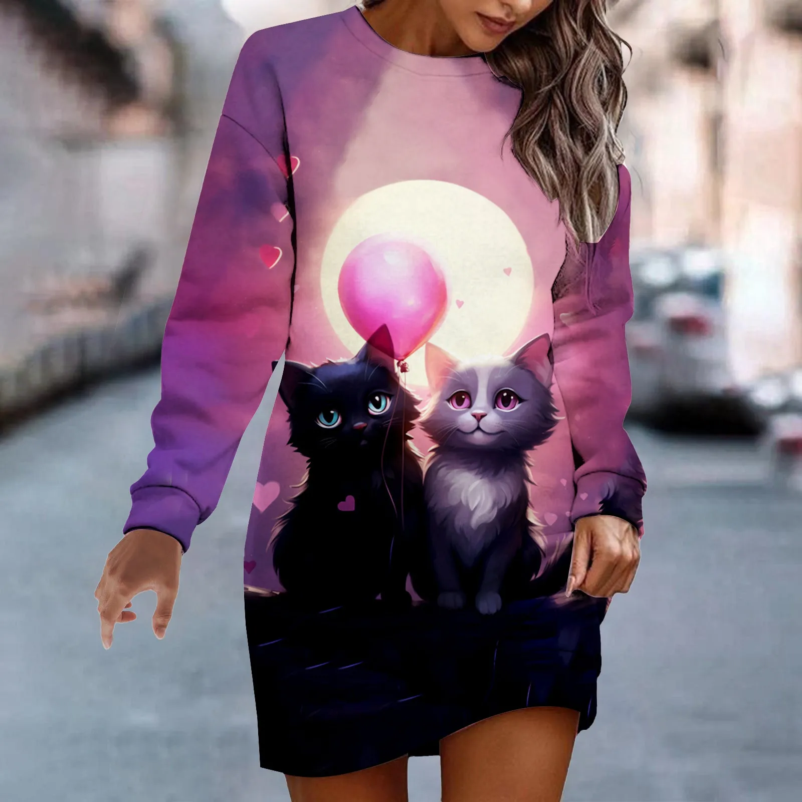 

Short Casual Dress Womens Fashion Valentines Day Cat Print Round Neck Long Sleeved Casual Dress (2)