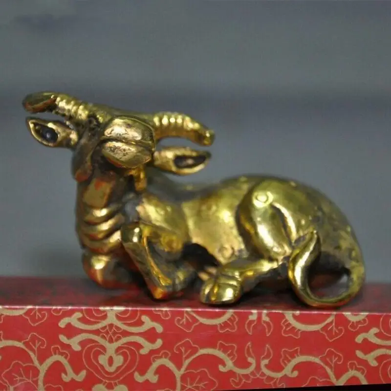 

2.8"old Chinese Bronze Gilt Lucky Feng Shui Zodiac Animal Cattle Bull Statue