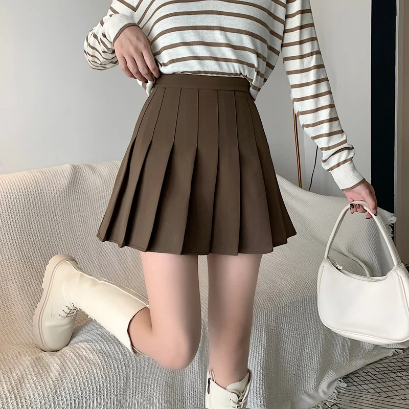 

Khaki Color Women Pleated Skirt JK Preppy Style High Waist Lady Ruched Shirring Skirts