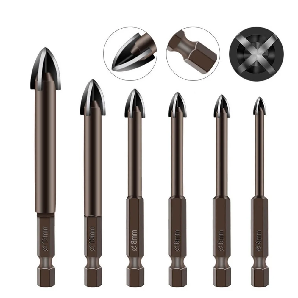 6pcs/set Drill Bits 4/5/6/8/10/12mm Diameter Carbide Cross Spear Head Titanium Ceramic Tile Glass Drill Bits