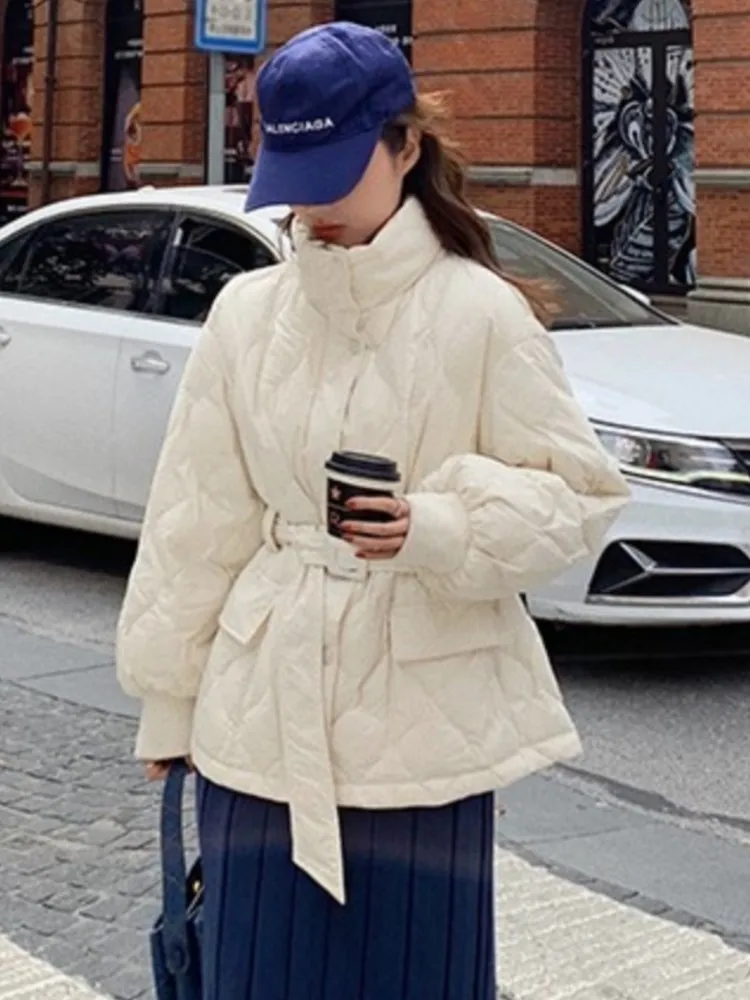 Autumn Winter Thick Padded Coats Women Lace Up Bread jacket Ladies Stand-up Collar Parkas Female Warm Outwear