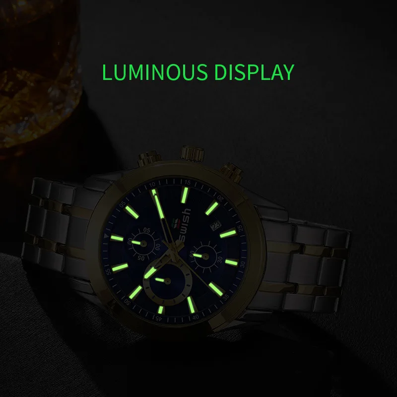 2023 Popular Europe and the United States three eyes six needle calendar waterproof 30 meters steel belt men's quartz watch