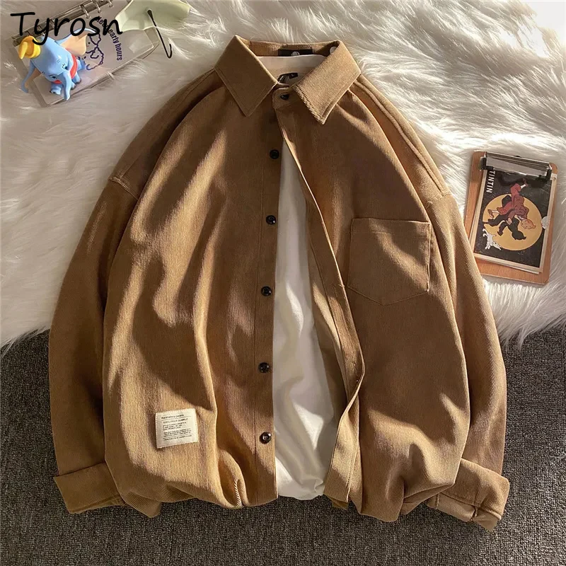 

Corduroy Shirts Women Vintage Chic Spring Fall Cozy Outerwear Turn-down Collar Button-up Loose Patch Designs Tops Femme Chemise