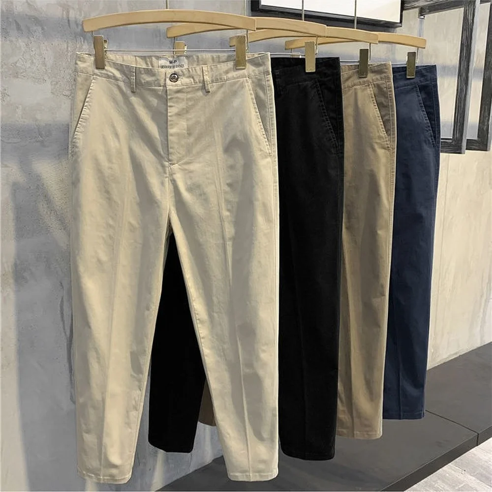 

Korean Fashion Pants Men 9 Part Ankle Length Casual Pants Men Work Trousers Summer Breath Cool Thin Solid Color Pleated Pants