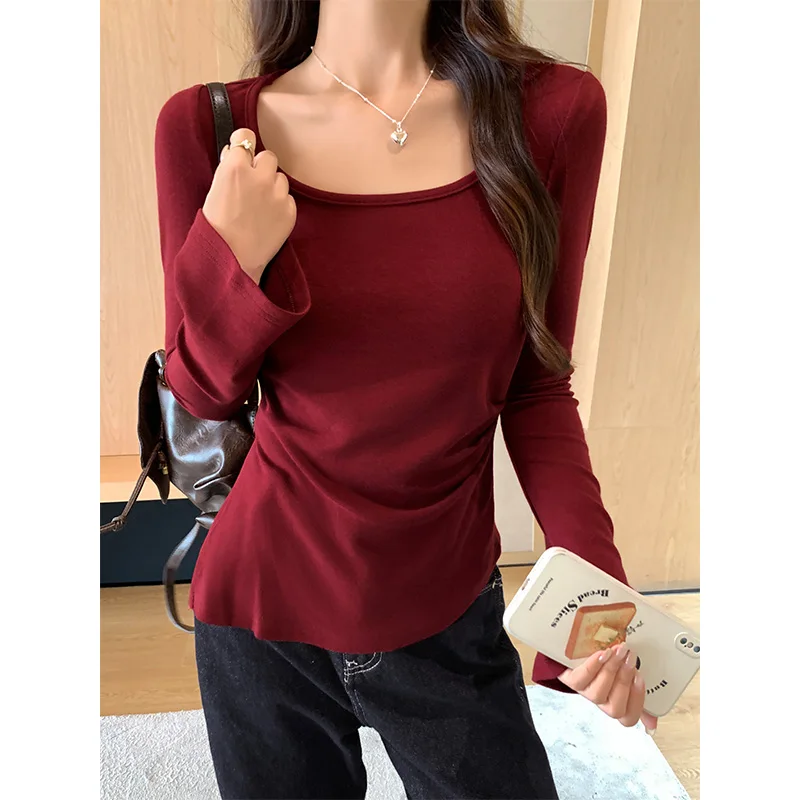 Женская облегающая футболка с длинным рукавом и квадратным вырезом