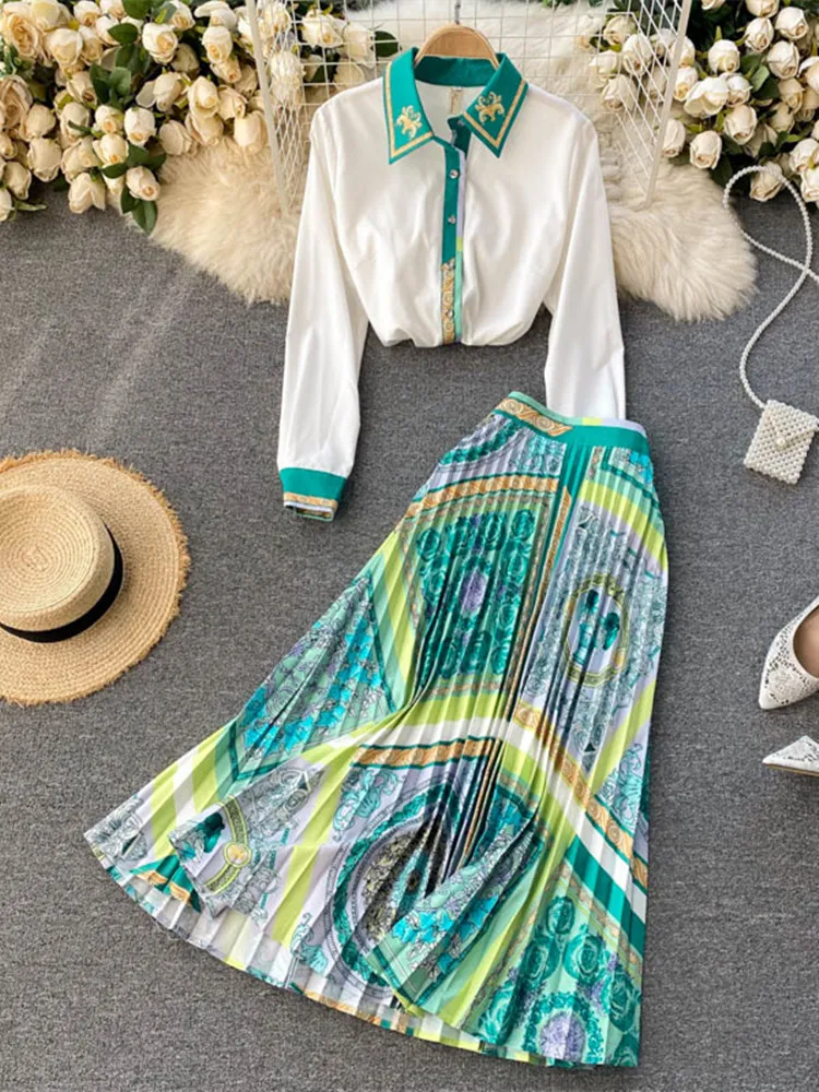 

Spring Fashion Runway Midi Skirt Sets Women's Long Sleeve Contrast Color Green White Shirt and Pleated Skirts Two Piece Suit