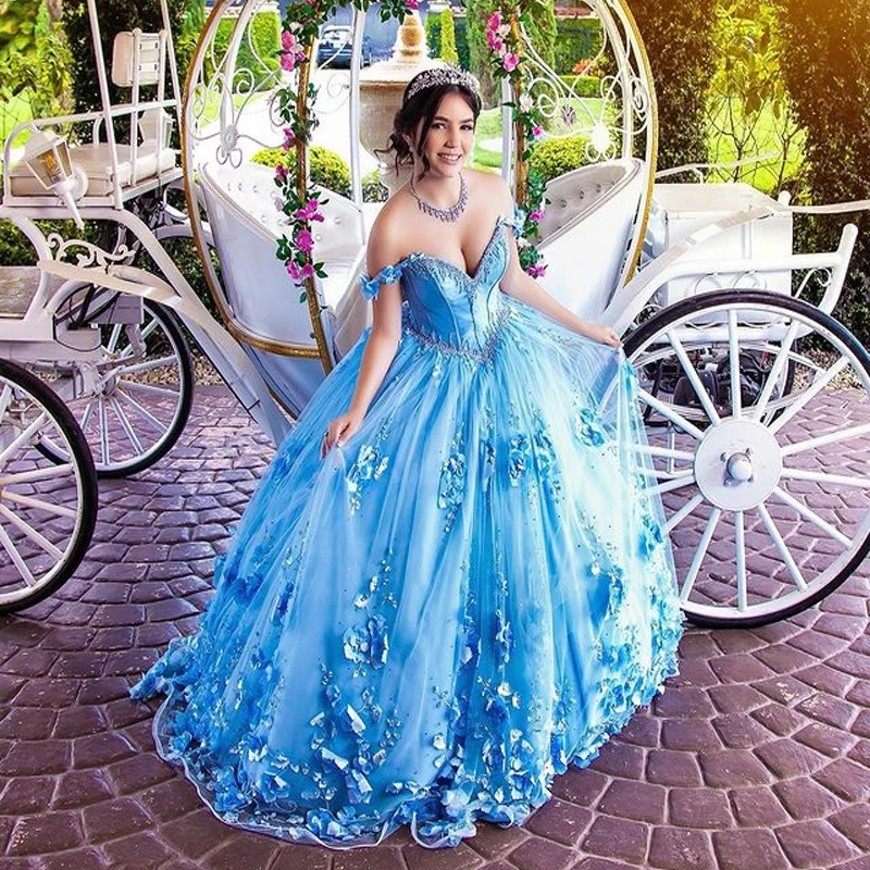 

2023 Shiny Light Sky Blue Cinderella Quinceanera Dresses Ball Gown Applique Beading Party Gowns Vestido De Festa Sweet 16 Dress