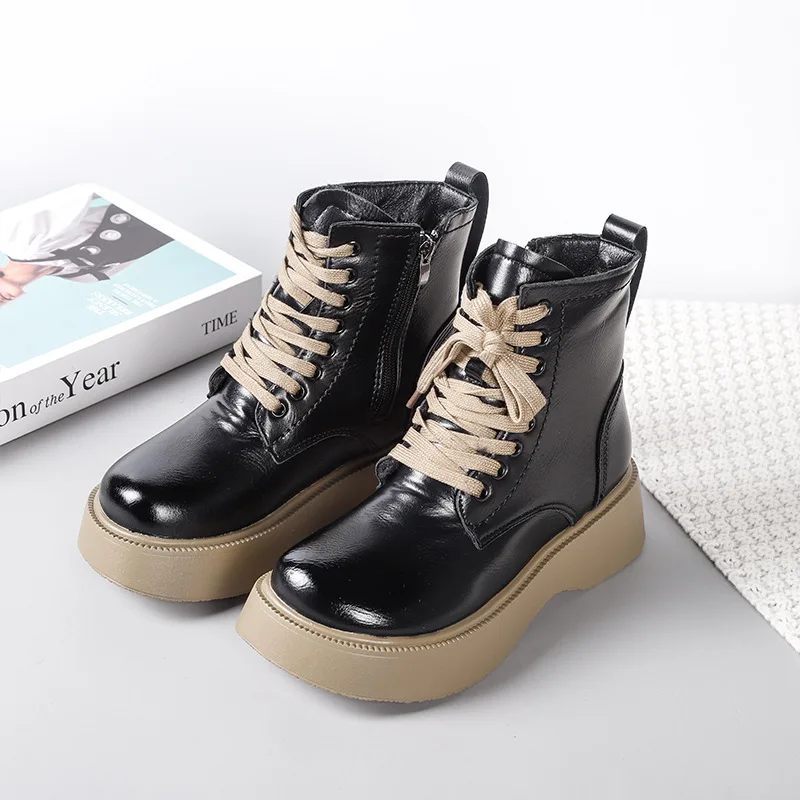 

Female Winter Boots Leather Martern Boot Soft Fur Lace Up Shoes Chunky Platform Boots Round Toe Ladies Boots Warm Plush Shoes