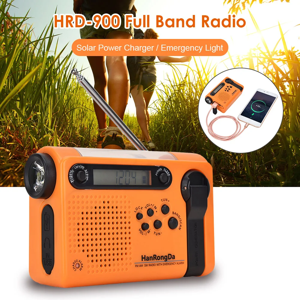 new portable hrd 900 disaster prevention emergency alarm led flashlight full band mobile phone charging solar charging radio free global shipping