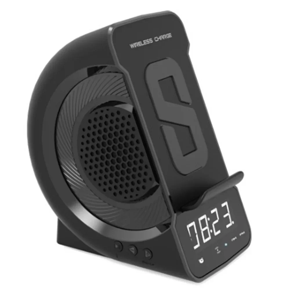 Smartphone Wireless Charger Bluetooth Speaker FM Radio Audio TF Card Aux Music Player MP3 Clock Alarm Mobile Phone Holder Stent