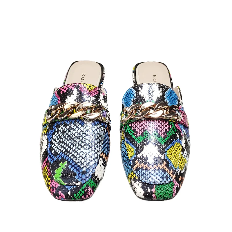 

Женская обувь со змеиным узором и цепочкой; Обувь с квадратным носком; Классическая модная обувь; Большие шлепанцы; 42, 43