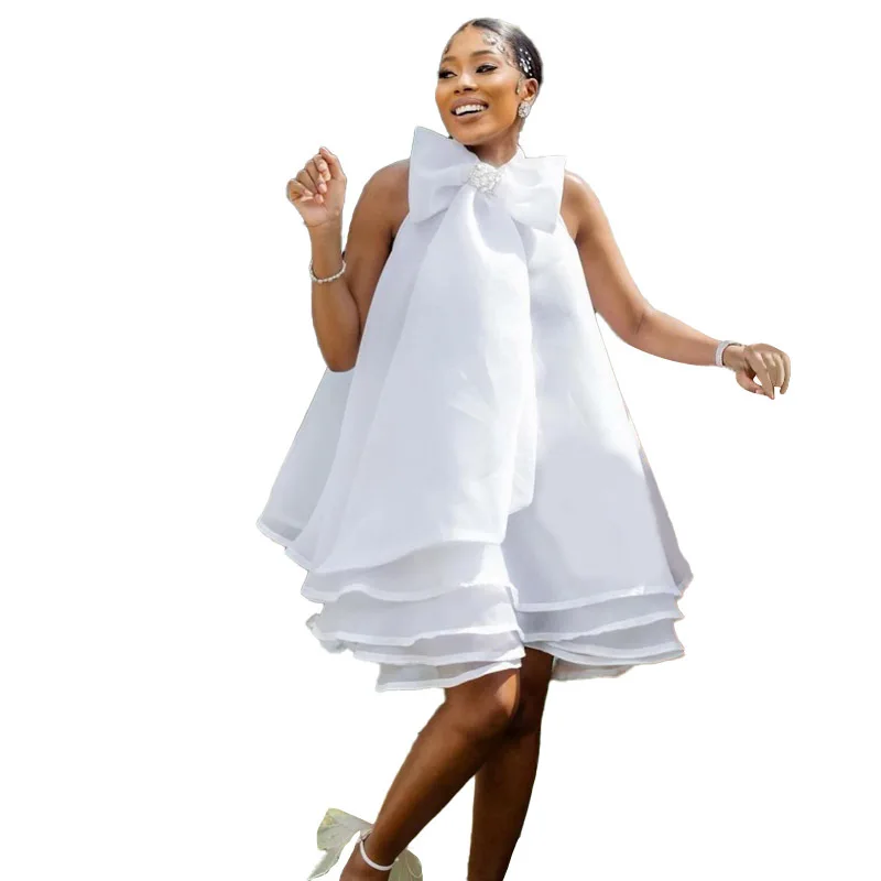 

Летние сексуальные африканские женские платья с лямкой на шее без рукавов из полиэстера, белые мини платья в африканском стиле, вечерние платья в африканском стиле