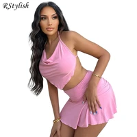 rstylish 2022 sexy women clothing summer outfits halter backless crop top and mini skirts two piece set club party matching sets