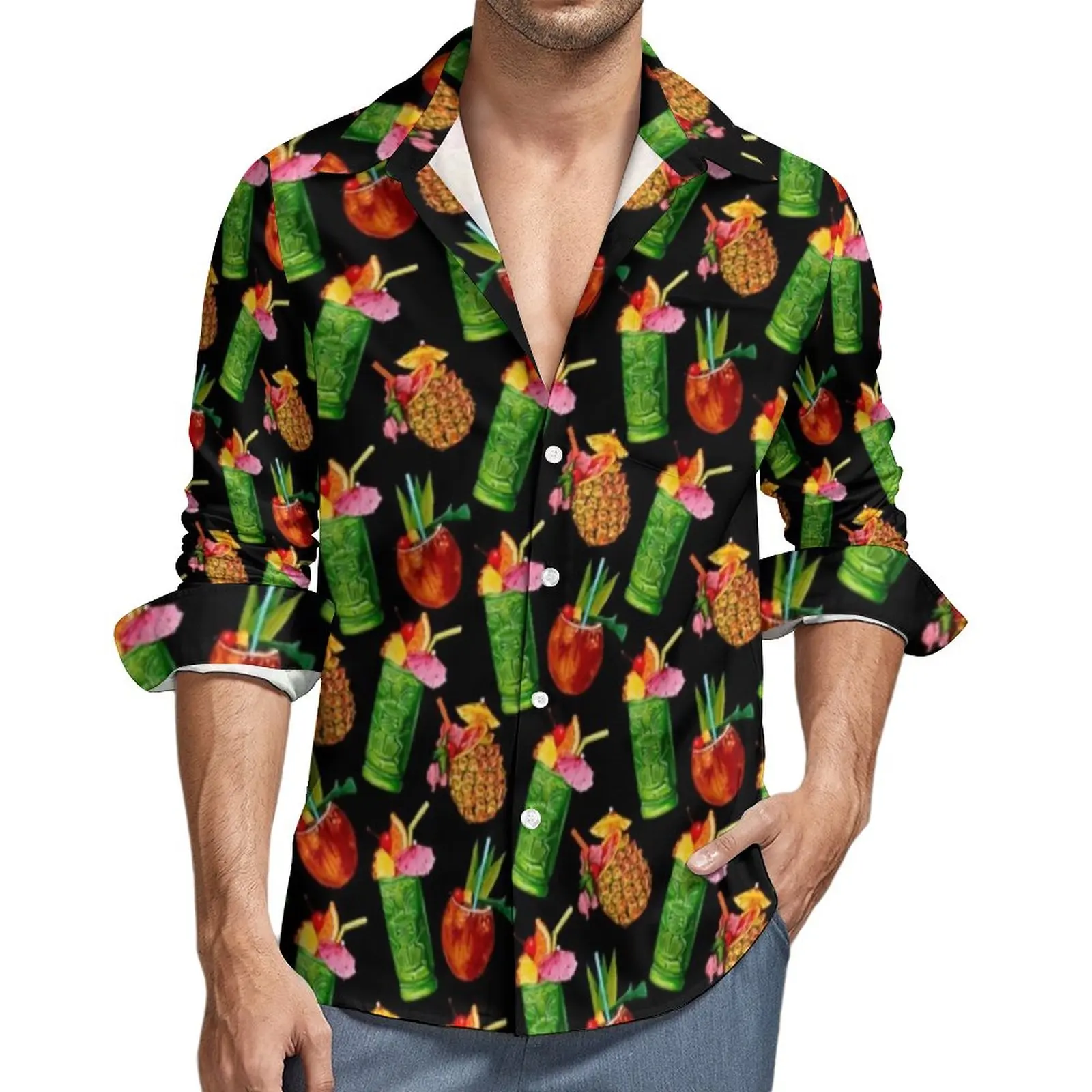 

Pineapple Casual Shirts Man Tiki Cocktail Pattern Shirt Long Sleeve Cool Stylish Blouses Spring Pattern Top Large Size