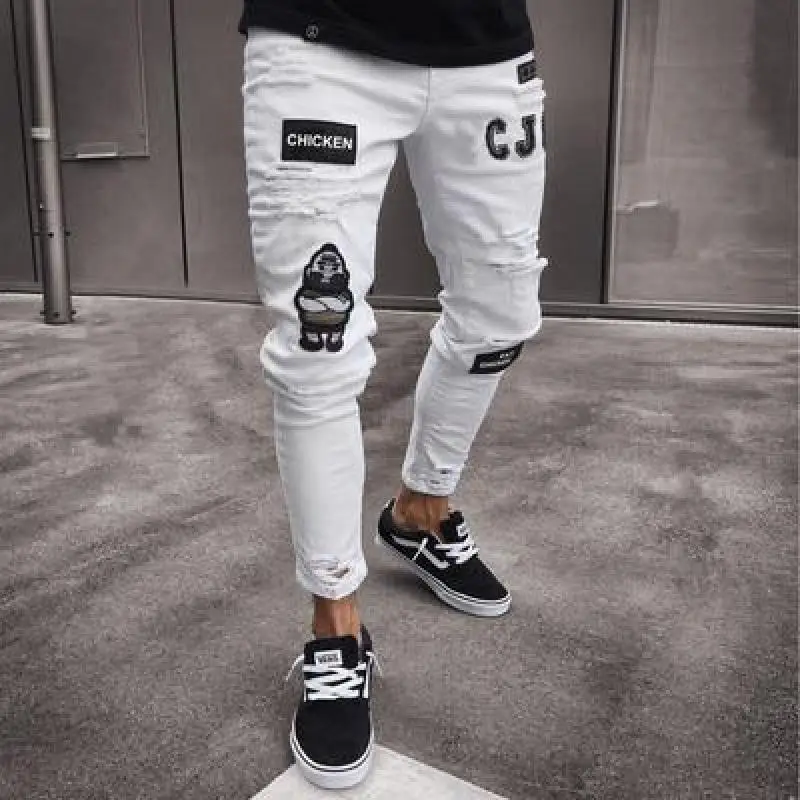 

2020 Men's Hot High -Elastic Skinny Jeans Black Ripped Biker Jeans Men's Foot Mouths Zipper Jogging Casual Pencil Long Pants