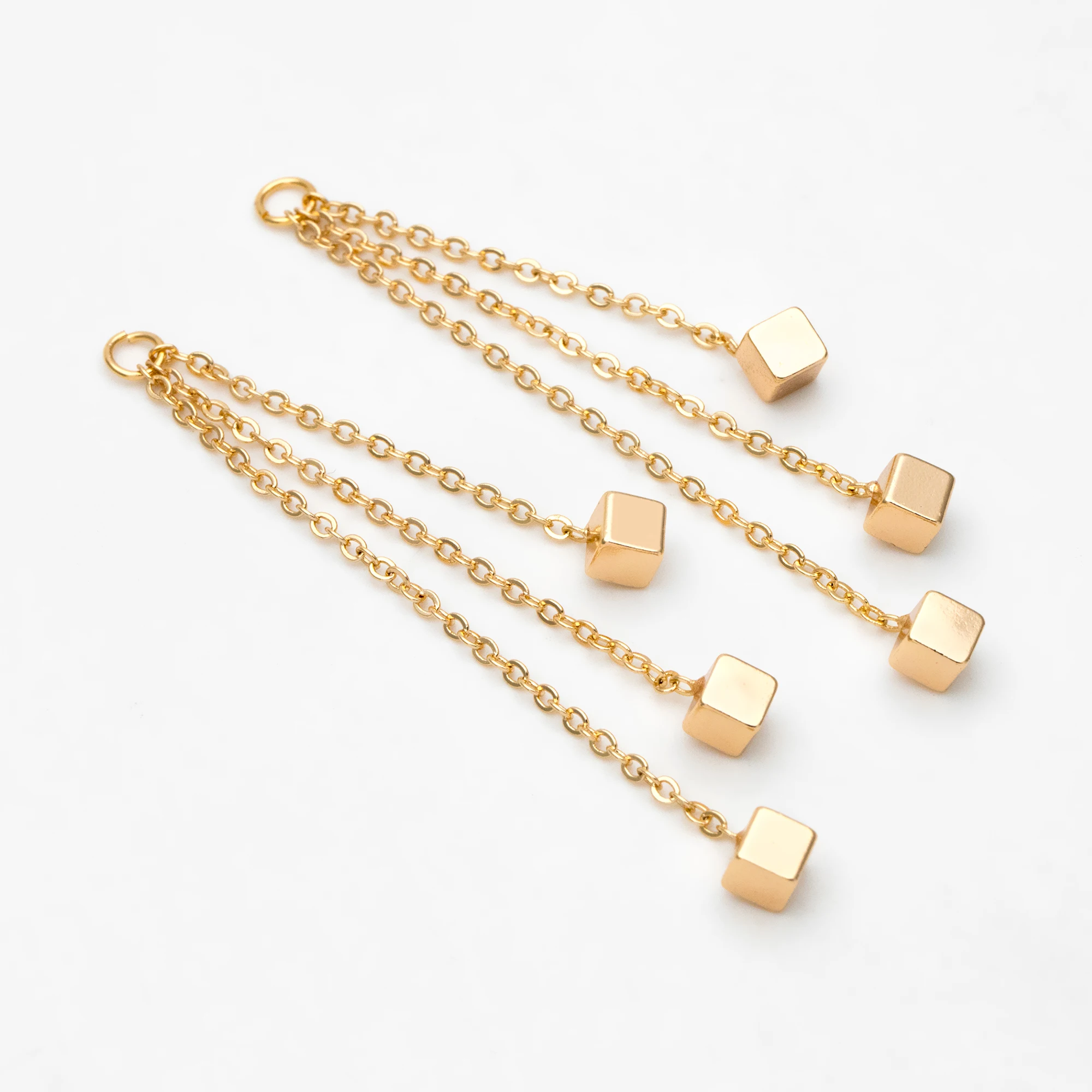 4pcs Chain Tassel Earring Charms with Cube, Gold Plated Brass Chain Pendants, Long Chain Earwire Components (GB-3344)