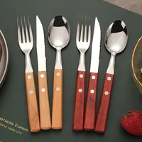 creative wooden handle western cutlery set steak knife fork spoon restaurant three piece set stainless steel tableware set