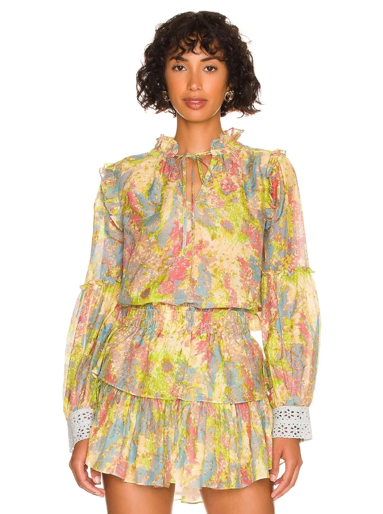 

Retro Flower Print Women Set Puff Long Sleeve Loose Silk Blouse Top + Elastic Waist Multi-layer Ruffles Mini Skirts